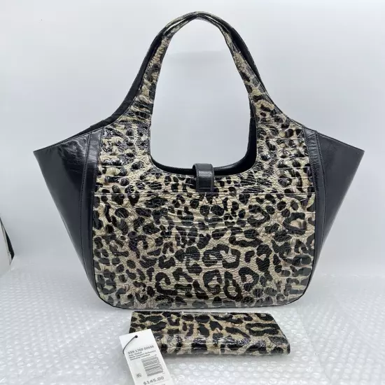 Brahmin Carla Snow Leopard Print Oversized Black Leather Tote w/ Matching Wallet