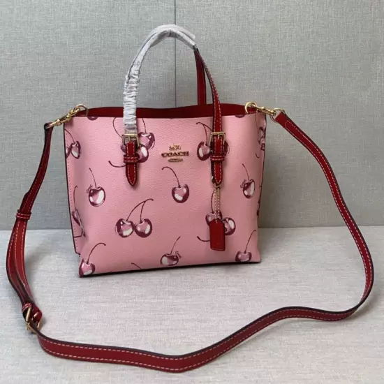 Brand New COACH CR293 Mollie Tote 25 Shoulder Bag Canvas Leather Cherry Pink 