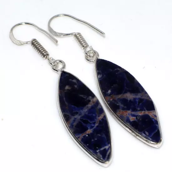 Sodalite 925 Silver Plated Gemstone Handmade Earrings 2" Gifts For Women GW