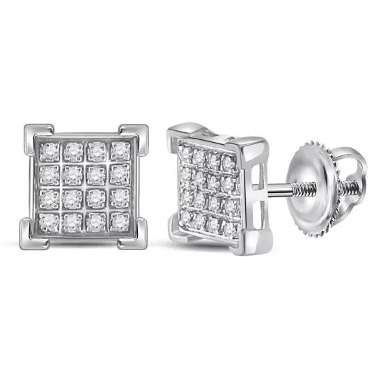 10K White Gold Mens Round Diamond Square Earrings 1/10 Cttw