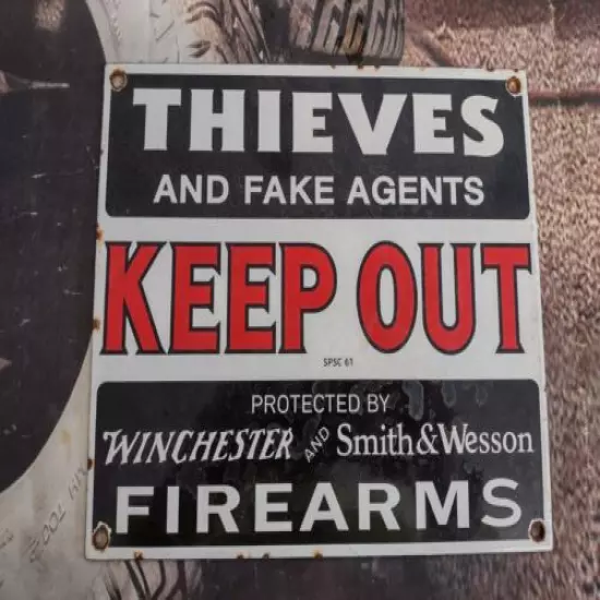 OLD VINTAGE DATED 1961 SMITH & WESSON KEEP OUT PORCELAIN GUN SIGN BULLETS AMMO 