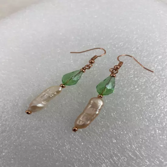 Handmade ~ Copper ~ AB Light Green Crystal and Pearl ~ 2 1/4" Drop Earrings