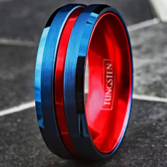 Blue Tungsten Carbide Men's Thin Red Line Wedding Band Ring - Superhero Colors