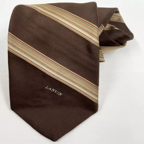 Lanvin Paris Vintage Brown Beige Striped Regimental Necktie Tie 3" x 57"