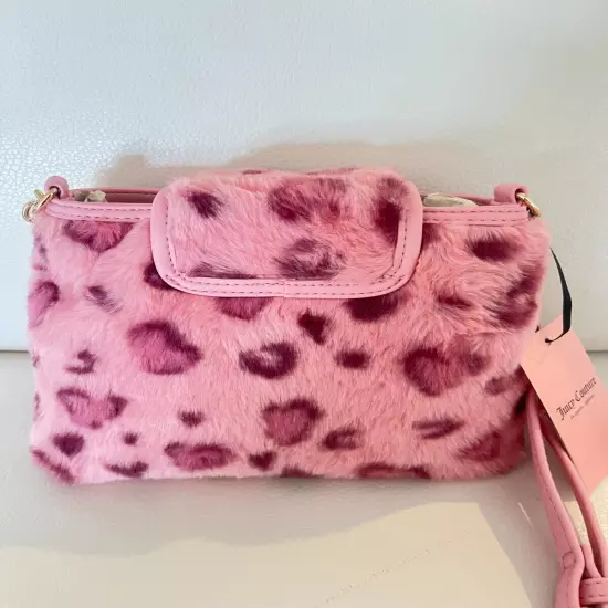 NWT JUICY COUTURE LIVE LAUGH CROSSBODY BAG PINK LEOPARD FAUX FUR