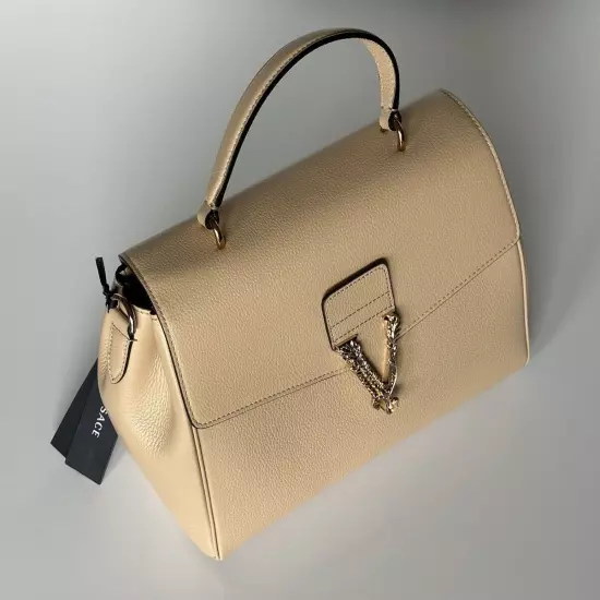 Versace Top Handle Grainy Calf Leather Beige Shoulder Bag 1013351 IT NWT $1775