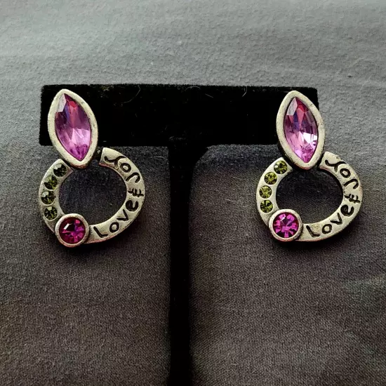 Lovely Pair Of Dangle Costume Earrings With Purple And Green Rhinestone Accents