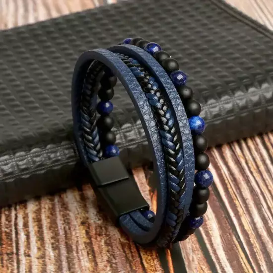 Mens PU Leather Bracelet with Blue Obsidian Beads