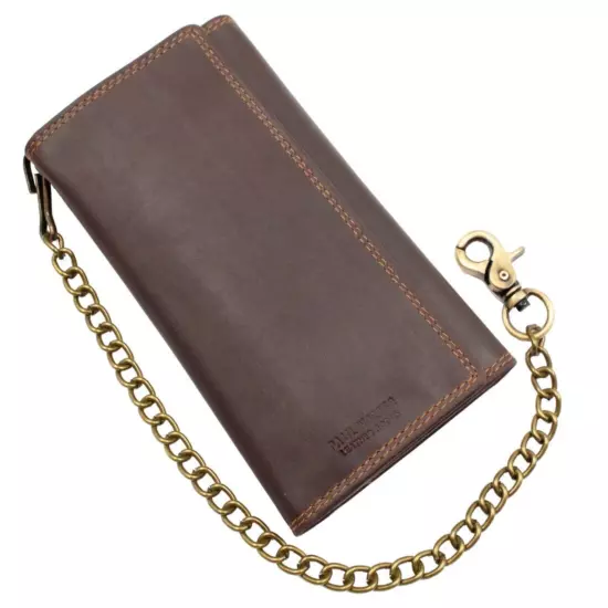 RFID Blocking Mens Biker Vintage Genuine Leather Long Trifold Chain Biker Wallet