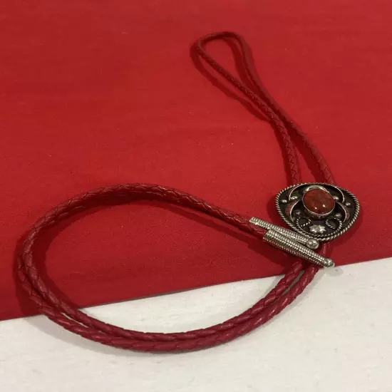 Vintage Mexico Alpaca Silver Bolo Tie With Red Agate Stone Western Southwestern