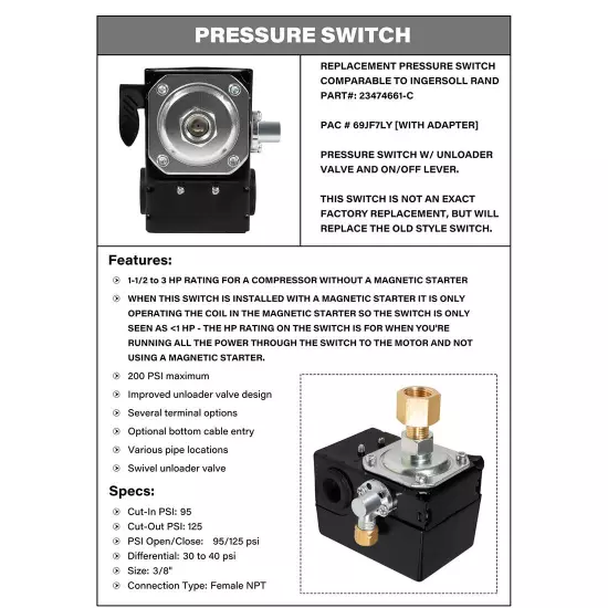 For Ingersoll Rand 23474661-C Pressure Switch 95-125 PSI Air Compressor SS3 SS5