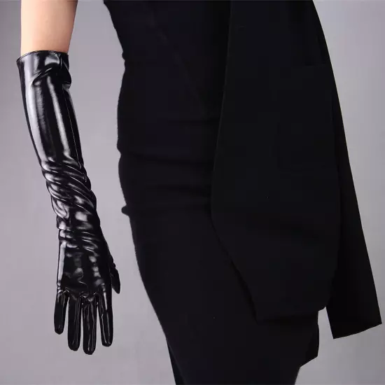 LATEX GLOVES Shine Leather Faux Patent Vegan PU 8" 21cm Short Basic Shine Black