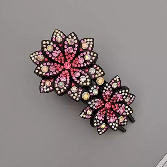 Ladies Rhinestone Double Flower Hair Clip Barrettes Crystal Comb Large Catch 1x-