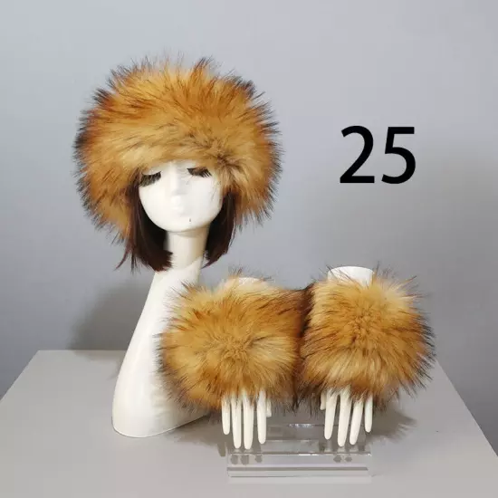 Women Wam Faux Fur Hat Cuff Set Winter Warmer Hat Arm Wrist Sleeve Gloves