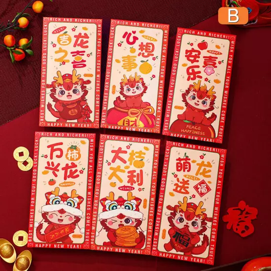 6PCS Chinese New Year Lucky Red Envelope Symbol Of Dragon Year 2024 Red EnveloJO