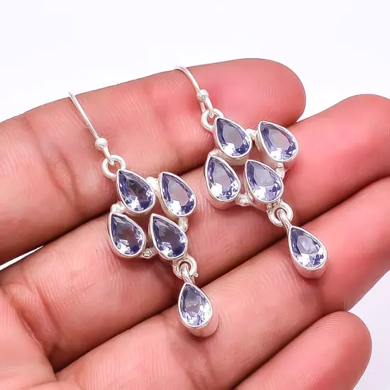 Iolite Multi Collet Gemstone 925 Sterling Silver Handmade Earring 1.76" E7