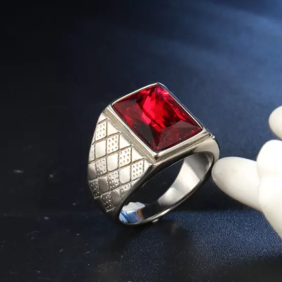 Vintage Men's Red Square CZ Wedding Ring Stainless Steel Classic Signet Ring