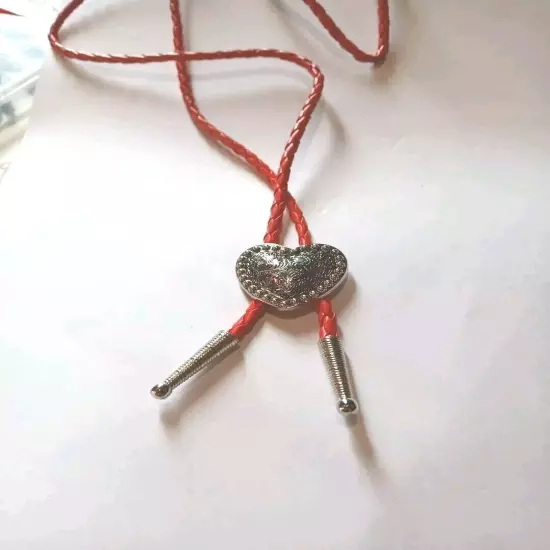 Silver Heart Shape Bolo Tie W/ 36" 4mm Red Braided Cord W/1.25 " Silver Tips