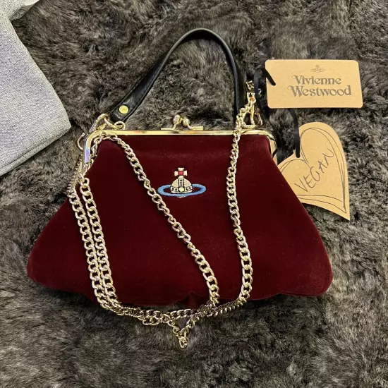 VIVIENNE WESTWOOD Nana Red Velvet GRANNY FRAME CROSSBODY KISSLOCK PURSE