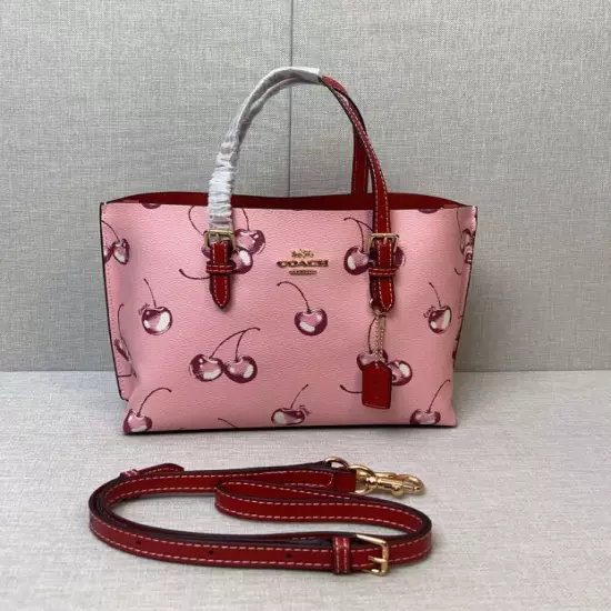 Brand New COACH CR293 Mollie Tote 25 Shoulder Bag Canvas Leather Cherry Pink 