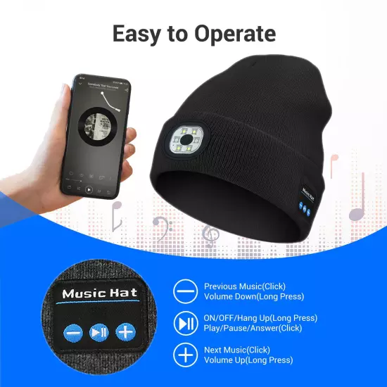 Bluetooth LED Beanie Hat with Music Speakers Mic Rechargeable Cap Head Lamp Gift