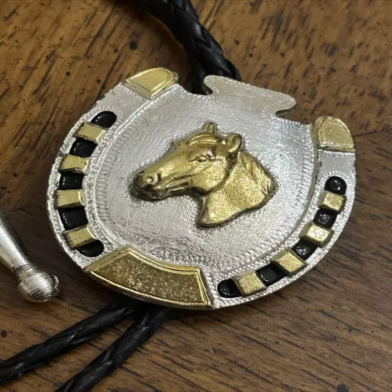 Bolo Tie Silver And Gold Tone Horse Head Horse Lucky Western Wear Cowboy Event 