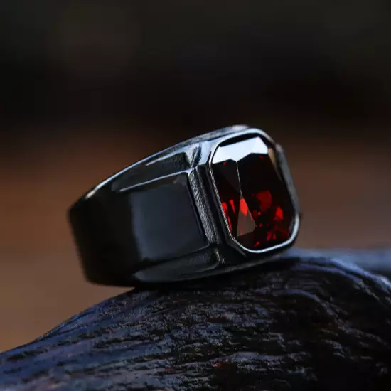 Red Stone Inlay Retro Wedding Ring Stainless Steel Men's Vintage Band Ring Black