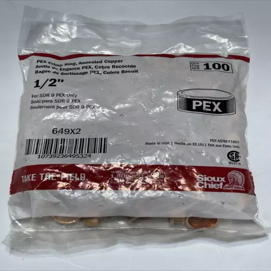 Bag of 100 Sioux Chief PEX Crimp Ring 1/2” Annealed Copper 649x2 USA SDR 9 PEX