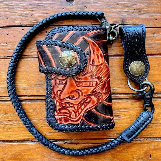 Right Handed Chain Wallet 3/4 size motorcycle Devil tooled engraved Leather