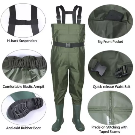 Fishing Hunting Chest Waders Bootfoot Wader Waterproof Nylon PVC US Size 8-14 