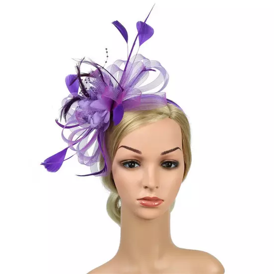 Women Fascinator Feather Hat Flower Hair Clip Church Wedding Party Headwear Clip