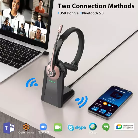 Wireless Headset Noise Canceling Microphone Mic Mute Charging Base USB Dongle