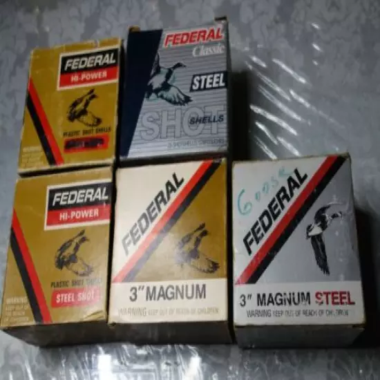 FIVE VTG FEDERAL CLASSIC AND HI -SPEED AMMNO BOXS