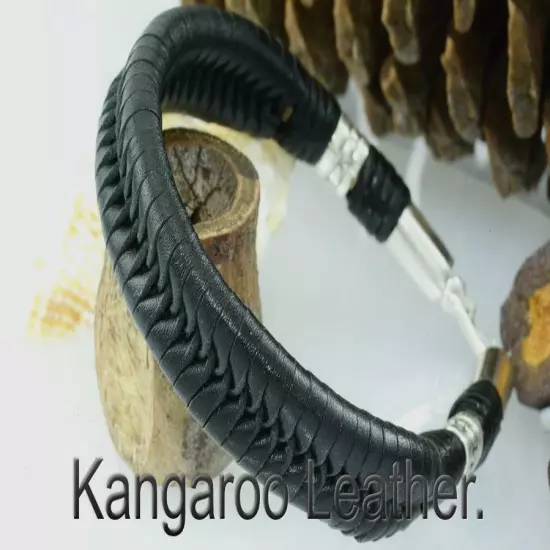 Genuine Solid Sterling Silver & Kangaroo Leather Wristband Men Bracelet 3B-204