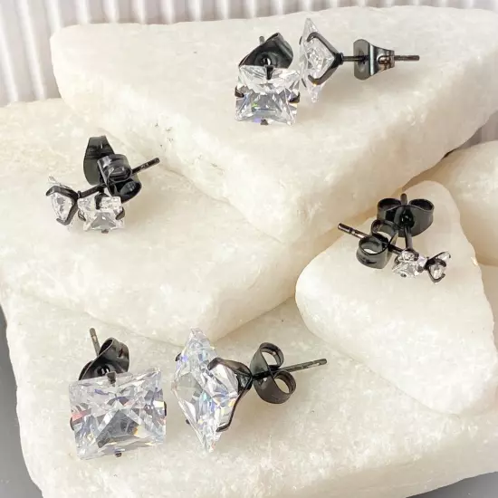 PAIR Square CZ Gem Black Ion Plated Stud Earrings 316L Surgical Steel Jewelry