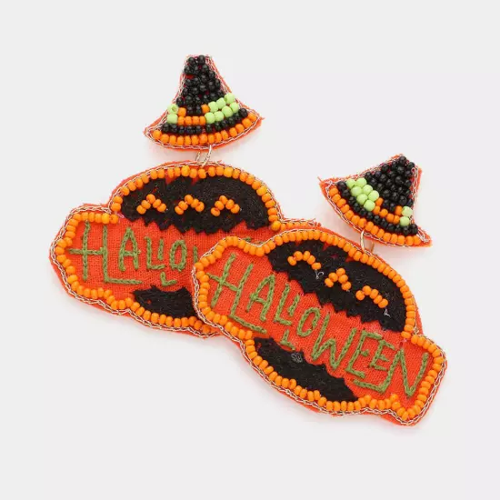 Orange Halloween Message Felt Back Seed Beaded Witch Hat Pumpkin Link Dangle Ear