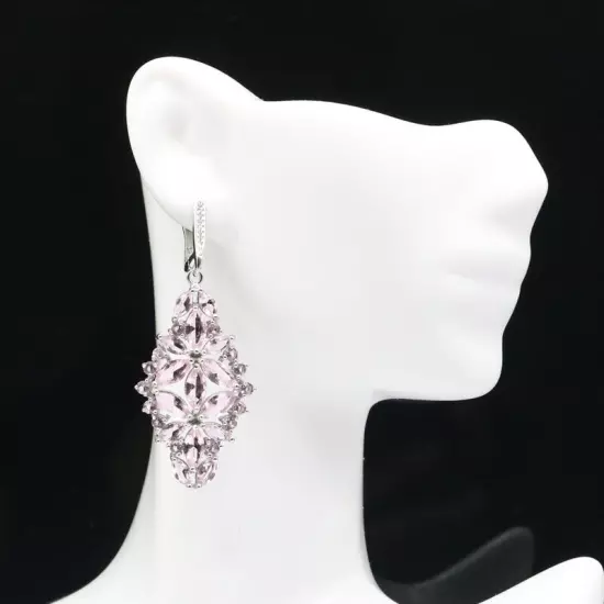 Fantastic Pink Kunzite White Cubic Zirconia Ladies Gift Silver Earrings 