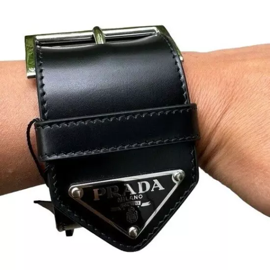 NWT***PRADA Black Leather Wide Cuff Wrist Buckle****$685