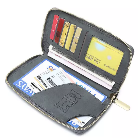 RFID Leather Travel Passport Case Cover Zipper Wallet Card Holder with Wristband