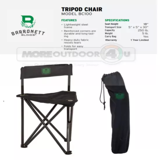 BC100 Barronett Ground Hub Blind Tripod Folding Chair Black With Carry Bag 