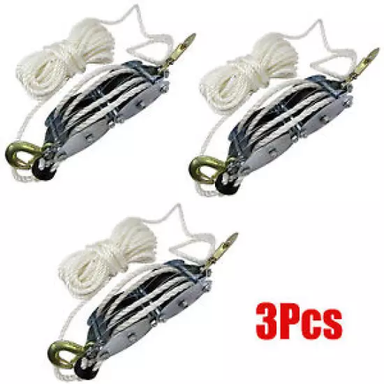 (3) 2 Ton Poly Rope Hoist Pulley Wheel Block and Tackle Puller Lift Tools Hanger