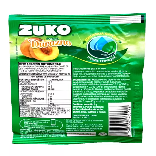 12-Pk ZUKO Durazno/Peach ZUKO Powder Drink Flavor 13g/.45oz