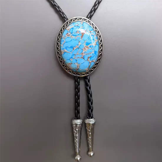 Blue Crazy Agate Bolo Tie Necklace Wedding for Men Women Western Cowboy Necktie