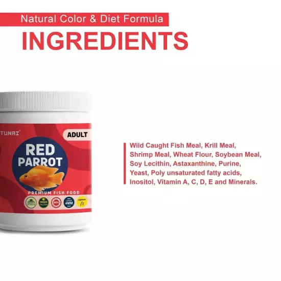 Red Parrot Fish Food | 4Mm Pellet Size, 500G| Fortified 40% Protein , vitamins