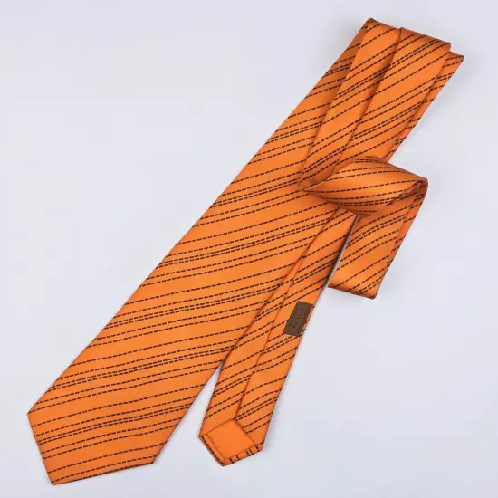 HERMES TIE 5114 HA Brown Dash Striped on Orange Silk Necktie