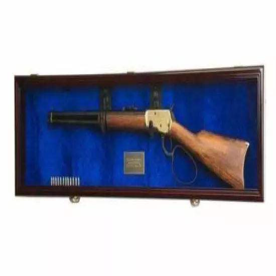 Gun Display Case Cabinet Rifle Cherry Wood Blue Shotgun Frame USA Shadow Box 44"