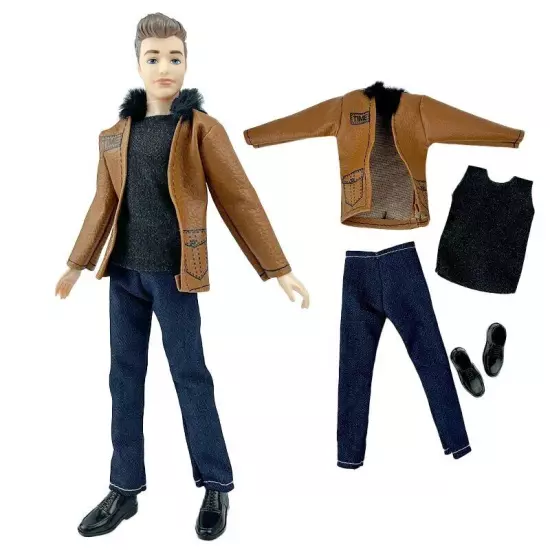 1set 1/6 Male Doll Clothes Brown Leather Coat Black Pants Shoes For 12" Doll Boy