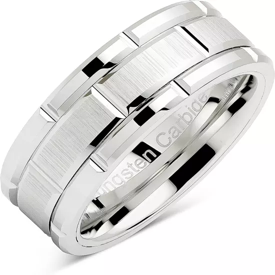 Tungsten Rings for Men Wedding Band White Gold Brick Pattern Rhodium Plated Size