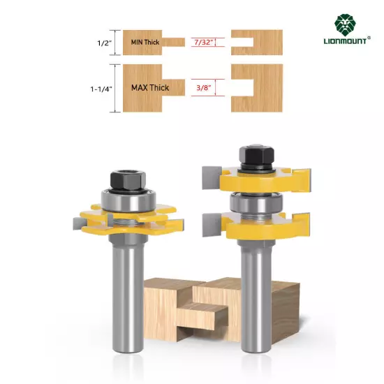 2PCS 1/2in(12.7mm) 12mm Shank Joint Router Bits Set Tongue and Groove Adjustable