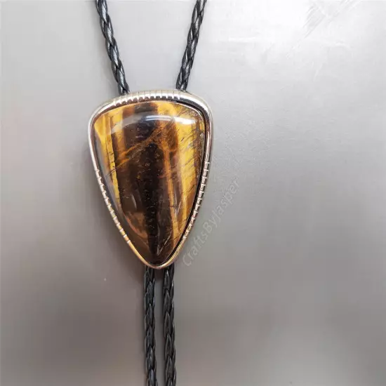 Triangle Tiger-eye Stone Western Cowboy Mens Bolo Tie PU Rope Wedding Necktie